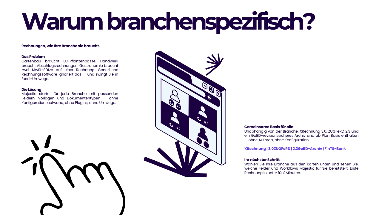 Warum branchenspezifisch? Rechnungen, wie Ihre Branche sie braucht — Majestic startet mit passenden Feldern, Vorlagen und Dokumententypen für Gartenbau, Handwerk, Handel, Dienstleistung, Gastronomie und Kreativ. XRechnung 3.0, ZUGFeRD 2.3 und GoBD-Archiv ab Plan Basis enthalten.